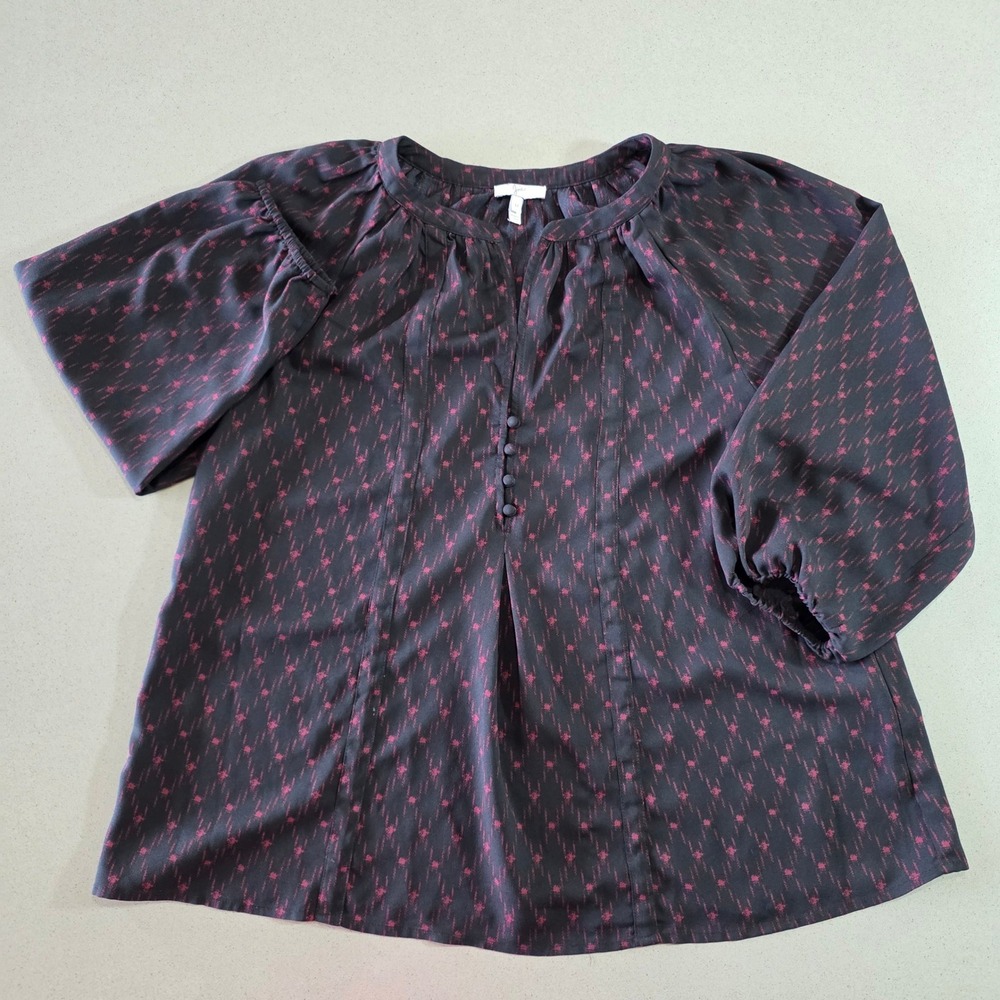 Joie Womens Silk Blend Ikat Print Balloon Sleeve Blouse Pink Black Medium
